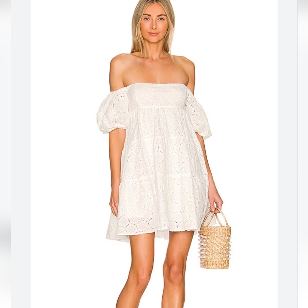BARDOT by REVOLVE SOPHIA EYELET FABRIC OFF SHOULDERS MINO DRESS FULL LINED LARGE